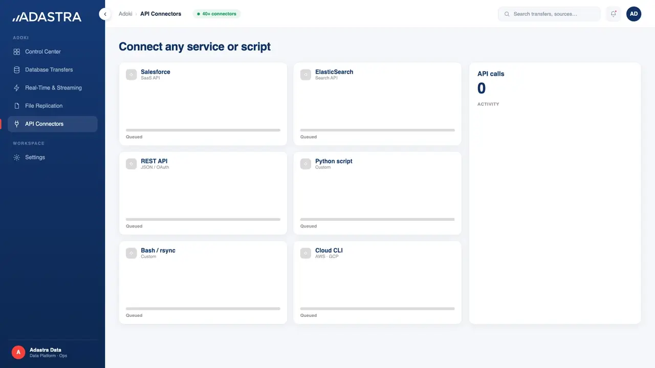 Adoki API connectors screen